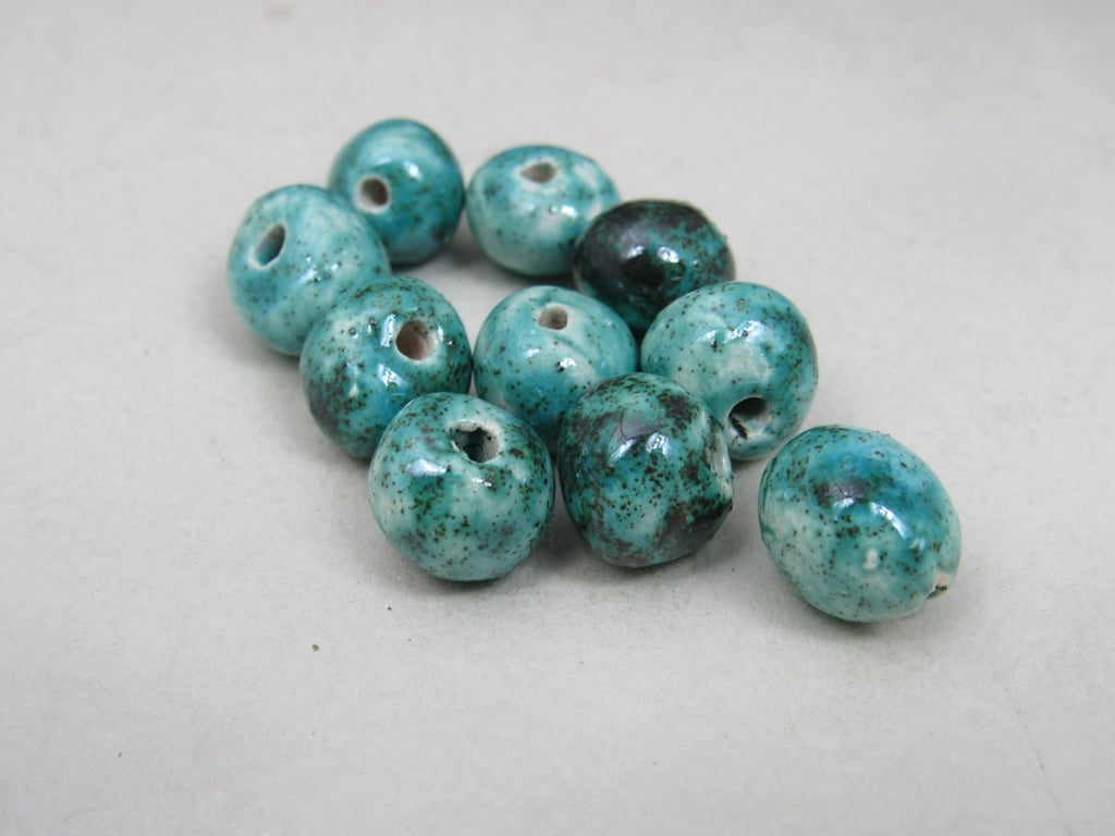 10 Small Jade Green Glazed Clay Beads