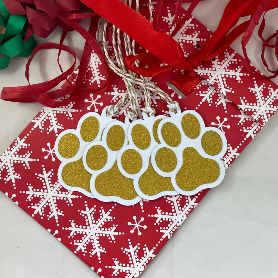 Gold glittered paw print gift tags