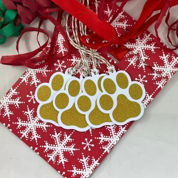 Gold glittered paw print gift tags
