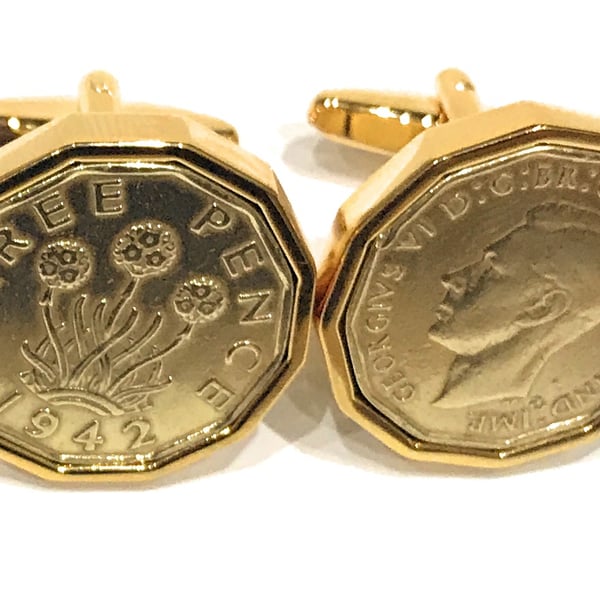 1942 Threepence Coin Cufflinks Mens 82nd Birthday Gift  Present Anniversary