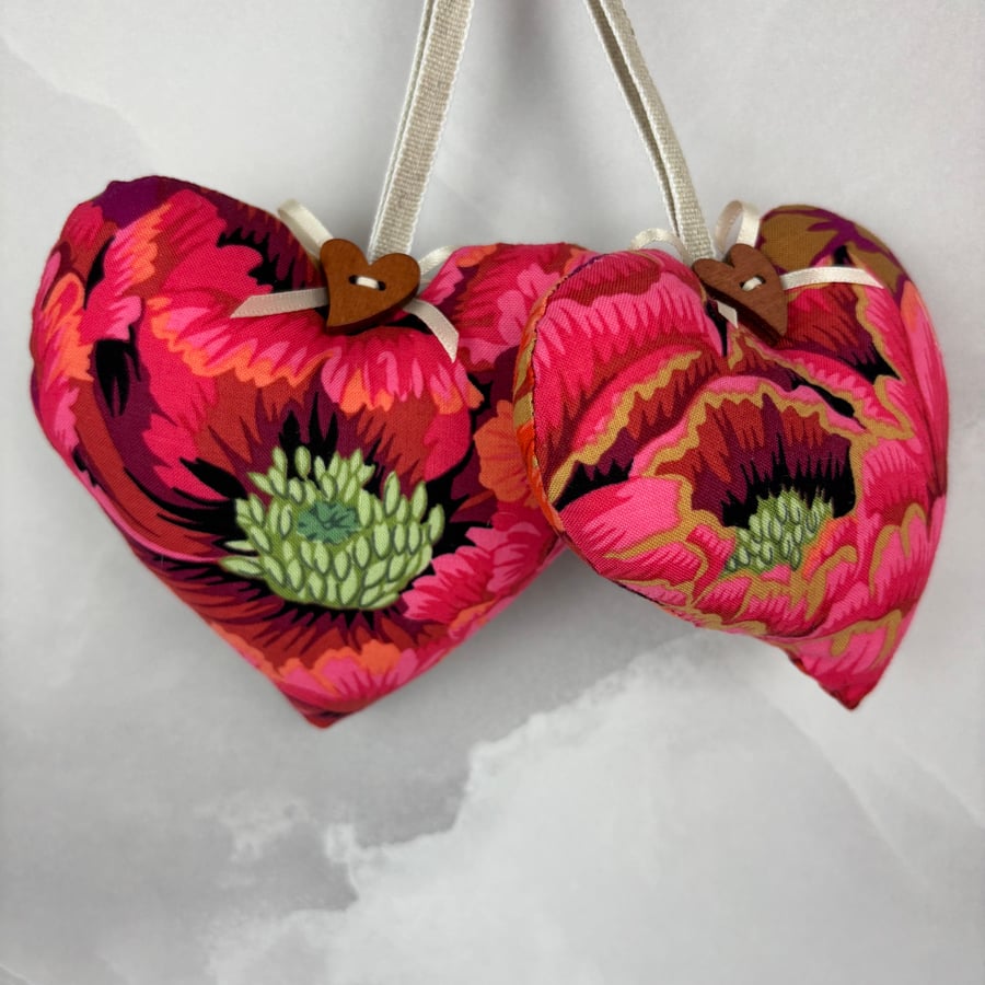 Handmade floral hanging fabric hearts set of 2