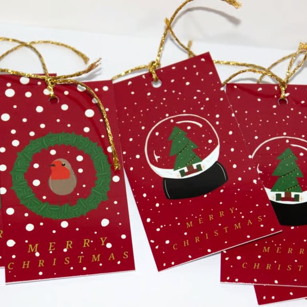 10 Christmas gift tags 'Robins and snow globes', gift wrapping accessory 