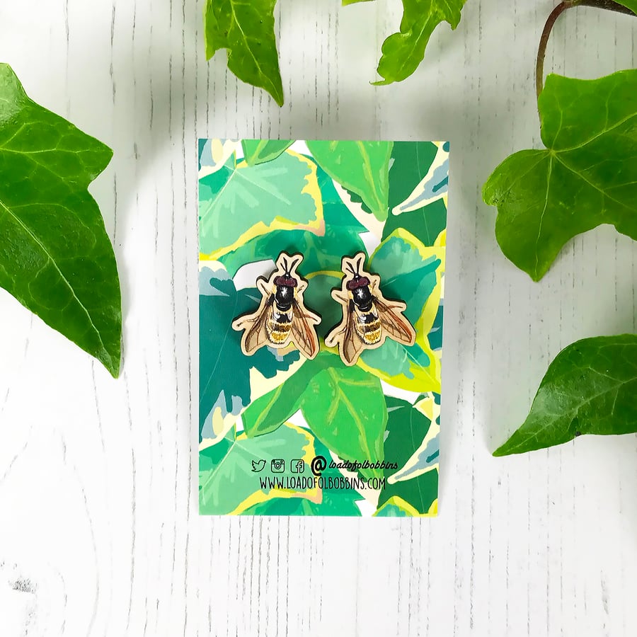 Golden Hoverfly Illustration Wooden Earring Studs