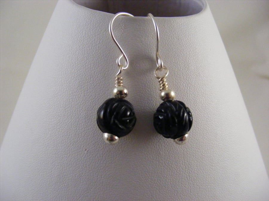 Black Agate Gemstone Flower Earrings