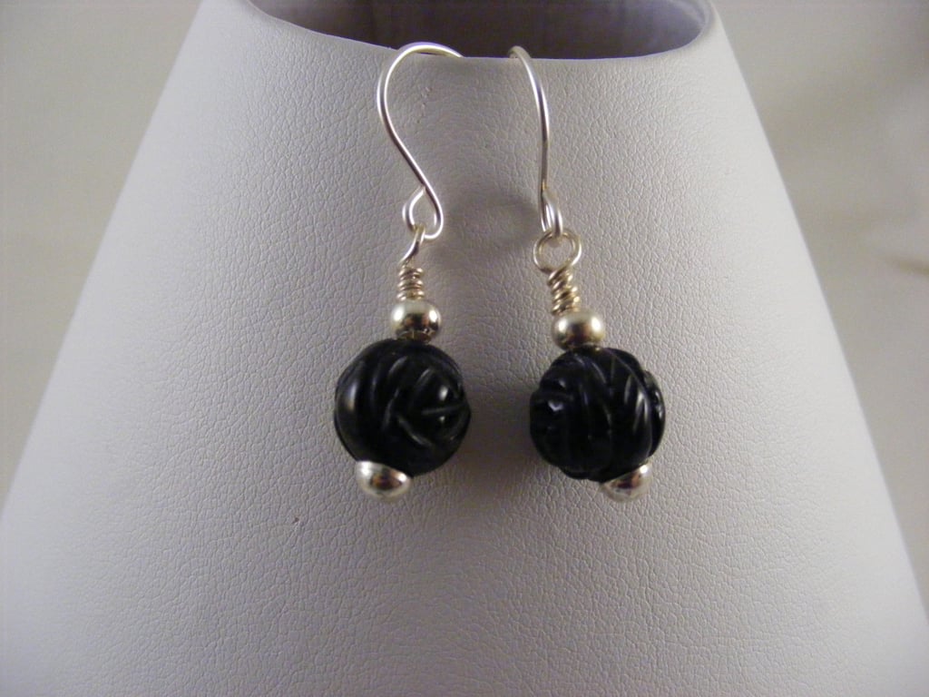 Black Agate Gemstone Flower Earrings