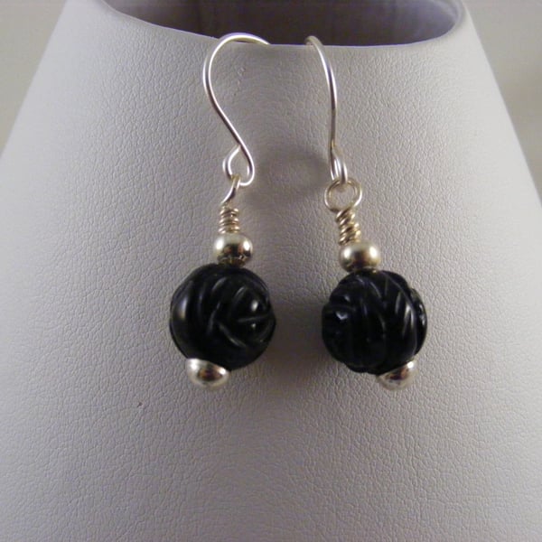 Black Agate Gemstone Flower Earrings