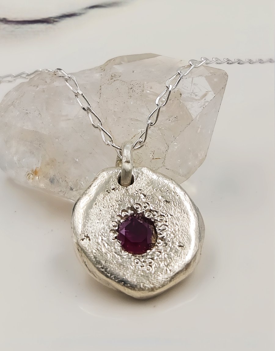 Sterling Silver Organic Disc Pendant, Synthetic Ruby July Birthstone Necklace