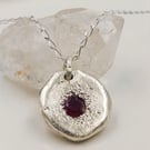 Sterling Silver Organic Disc Pendant, Synthetic Ruby July Birthstone Necklace