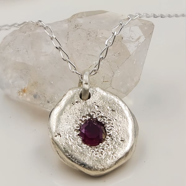 Sterling Silver Organic Disc Pendant, Synthetic Ruby July Birthstone Necklace