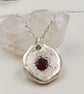 Sterling Silver Organic Disc Pendant, Synthetic Ruby July Birthstone Necklace