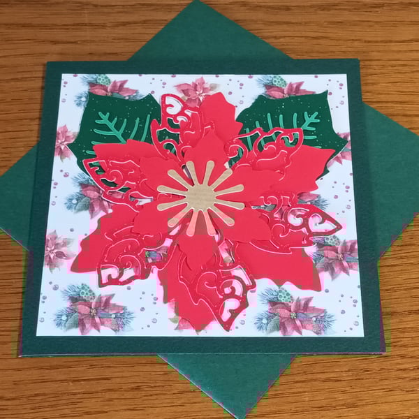 Layered Poinsettia Christmas Card – Green - Warmest Winter Wishes