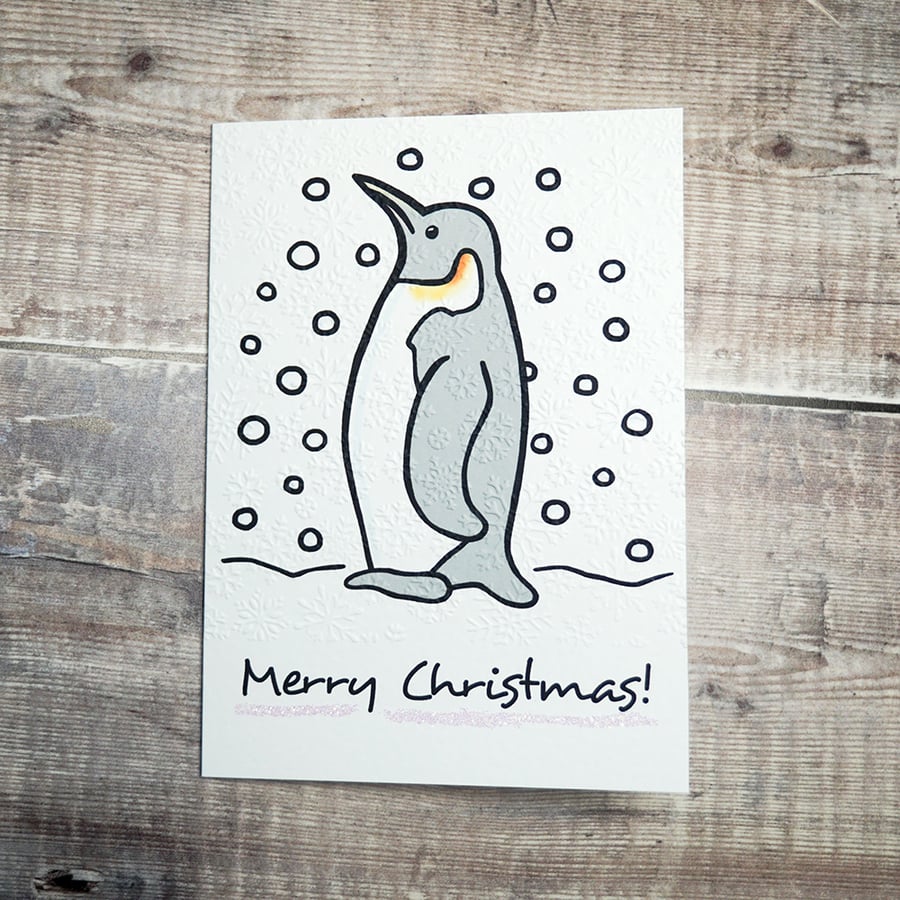 Merry Christmas Penguin Greetings Card - Handmade & Embossed with Snowflakes