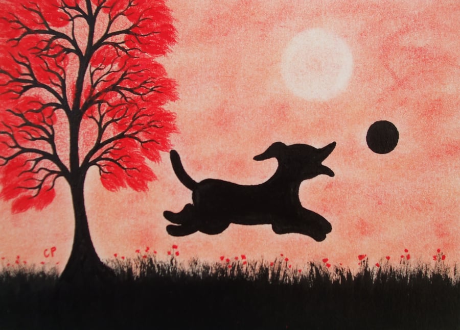 Dog Card: Kids Card Dog, Art Card, Black Dog, Red Tree Dog Card, Children Card