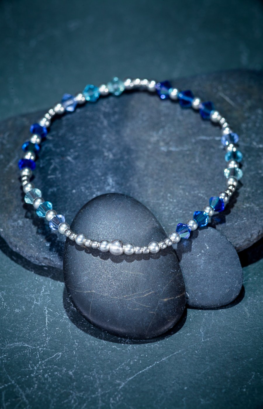Dainty sterling silver bracelet with Swarovski bicones in blues
