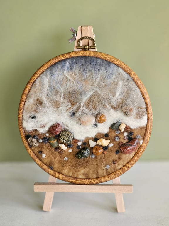 Needle felted beachscape wall art with real stones