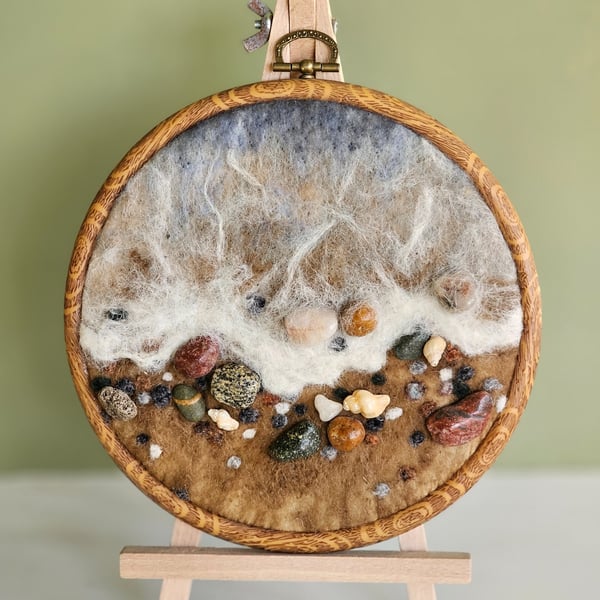 Needle felted beachscape wall art with real stones
