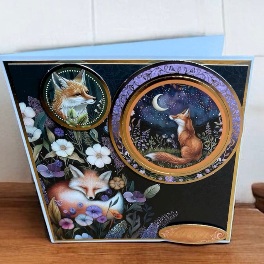 “Moonlit Fox” Luxury Handmade Card for Birthday or other Special Occasion.