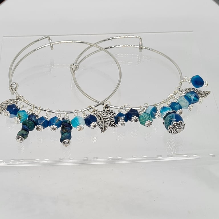 Adjustable Gemstone Bangles- Blue Agate- Star Cut Agate- Crysocolla-Silver Leave