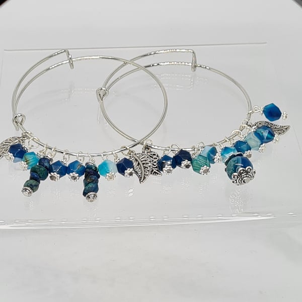 Adjustable Gemstone Bangles- Blue Agate- Star Cut Agate- Crysocolla-Silver Leave