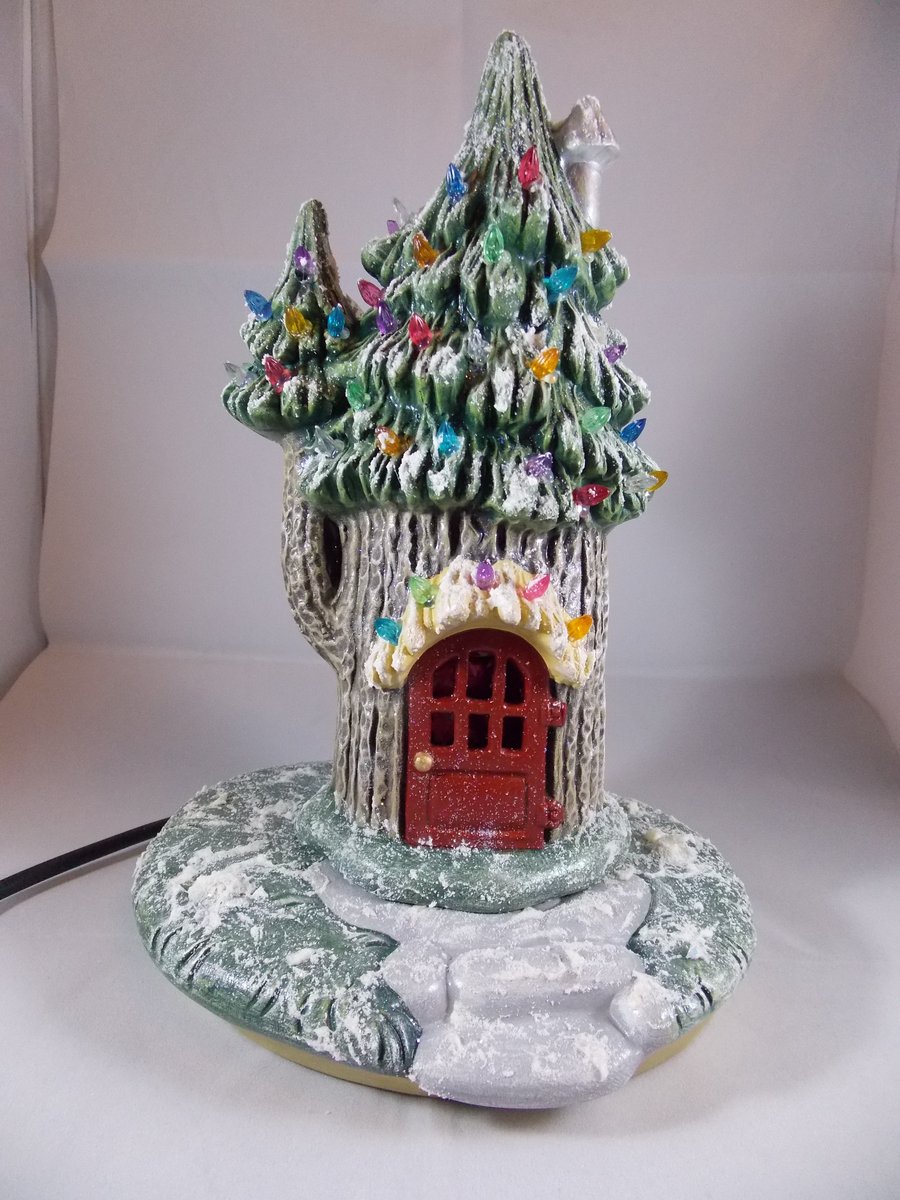 Ceramic Hand Painted Snowy Christmas Xmas Cottage G9 LED Table Lamp Decoration.