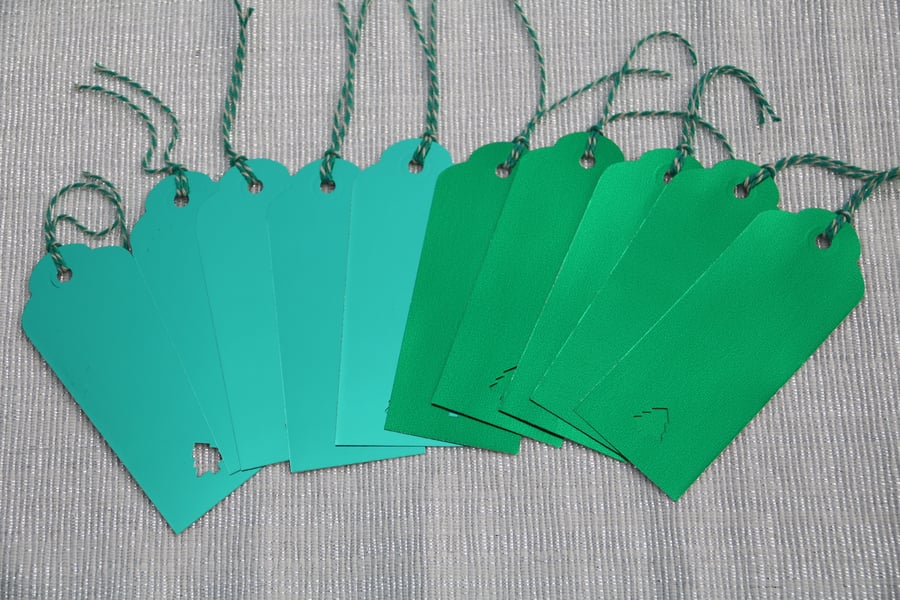 10 Christmas Gift tags, green foiled card, Christmas tree aperture, bakers twine