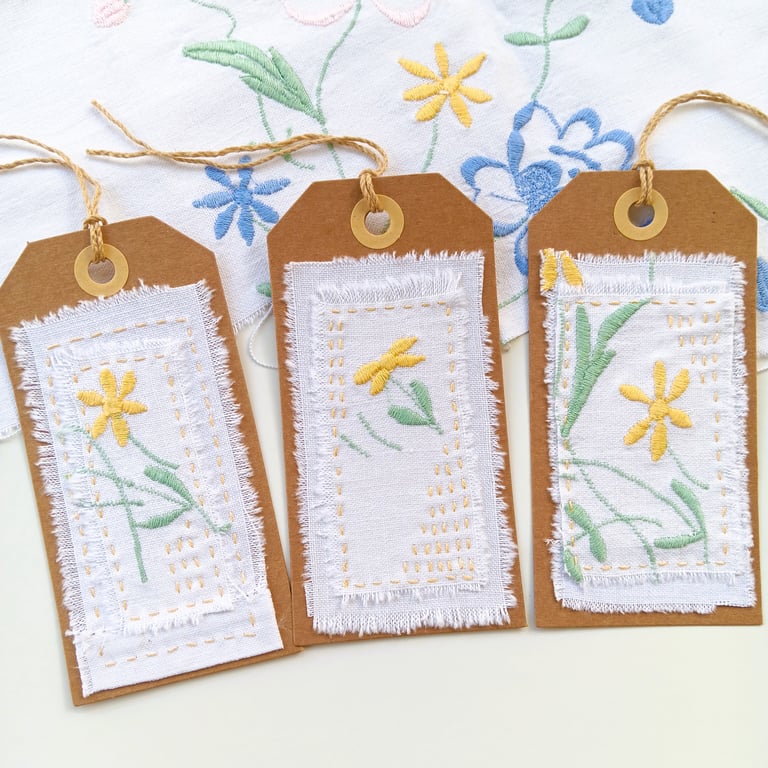 Hand Embroidered Gift Tags - Set of Three - Yellow Flower - Upcycled Vintage Fab