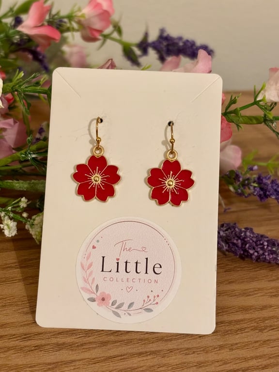 Red Cherry Blossom Dangle Earrings, Enamel Sakura Charms, Handmade Jewellery