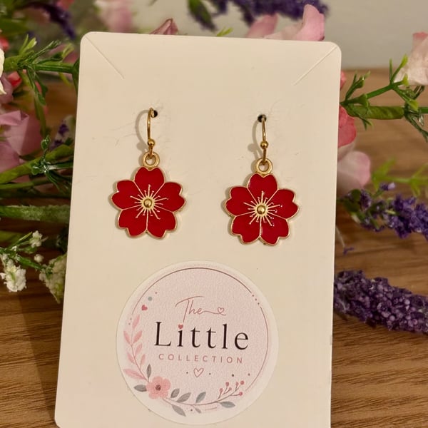 Red Cherry Blossom Dangle Earrings, Enamel Sakura Charms, Handmade Jewellery