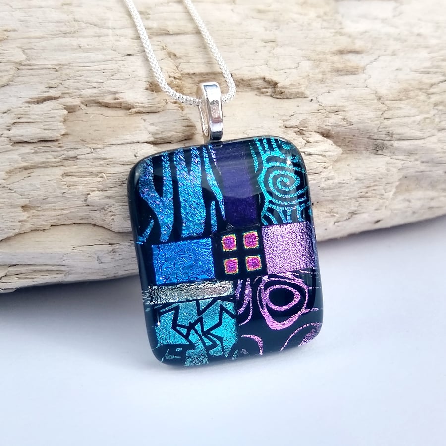 Purple fused glass mosaic pendant