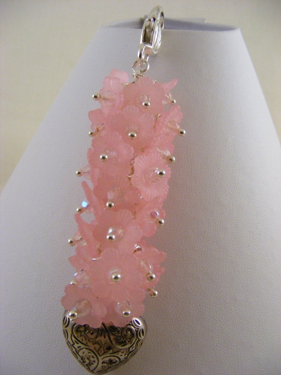 Pink Flower and Silver Heart Bag Charm