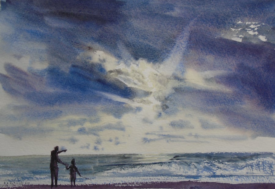 Dramatic sky seascape (Original watercolour painting) Fully mounted 14" x 11"