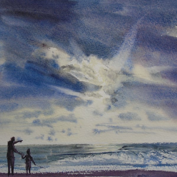Dramatic sky seascape (Original watercolour painting) Fully mounted 14" x 11"