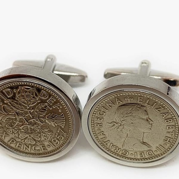 1957 Sixpence Cufflinks 68th birthday. Original sixpence coins Great gift 