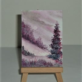 purple fantasy landscape art aceo atc watercolour painting ( ref F 870 )