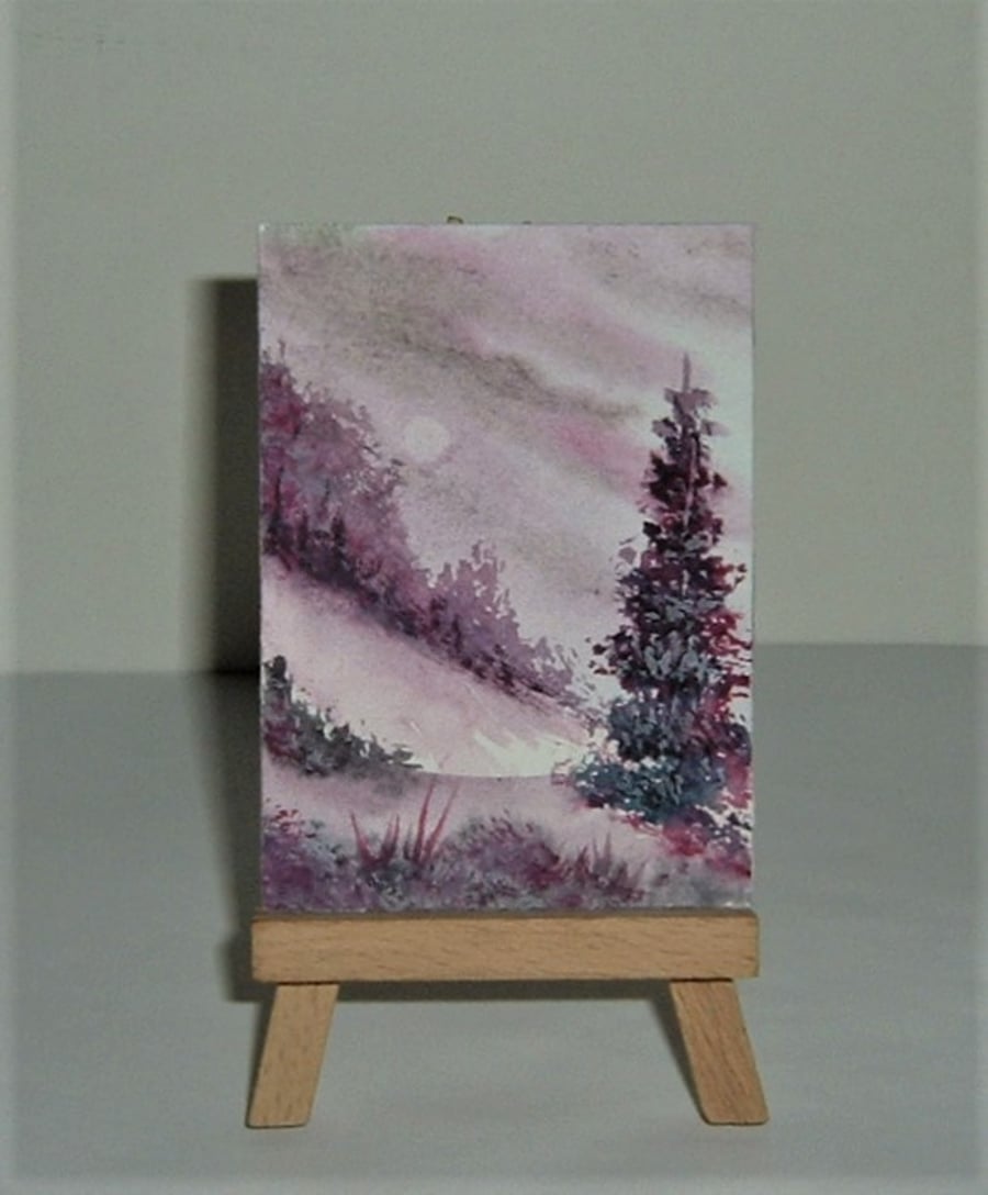 purple fantasy landscape art aceo atc watercolour painting ( ref F 870 )