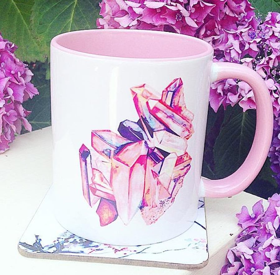 Crystal Design Mug, Pink Inside and Handle, Gift for Her
