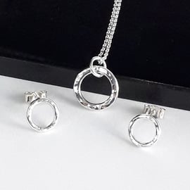 Circle Necklace circle Earrings Sterling silver small Hammered Infinite