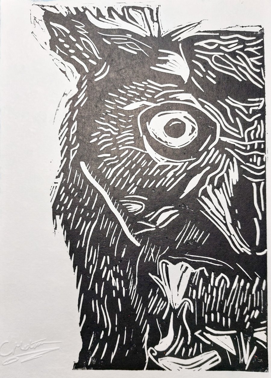 Black Screech Owl - A4 original lino print
