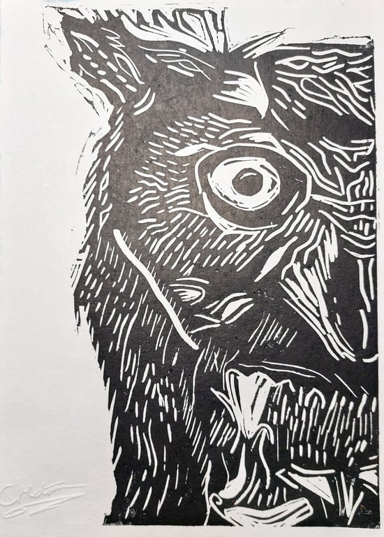 Black Screech Owl - A4 original lino print