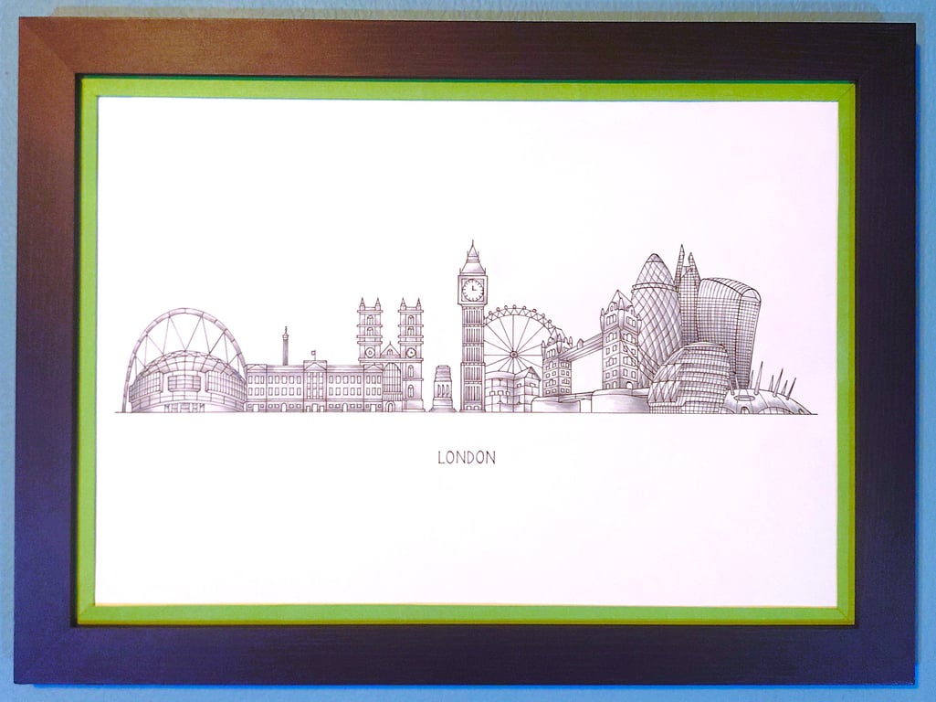 London Cityscape Handmade Unique Framed A3 Print Light Green Border Wallart Gift