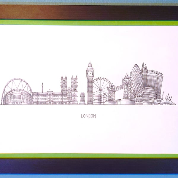 London Cityscape Handmade Unique Framed A3 Print Light Green Border Wallart Gift