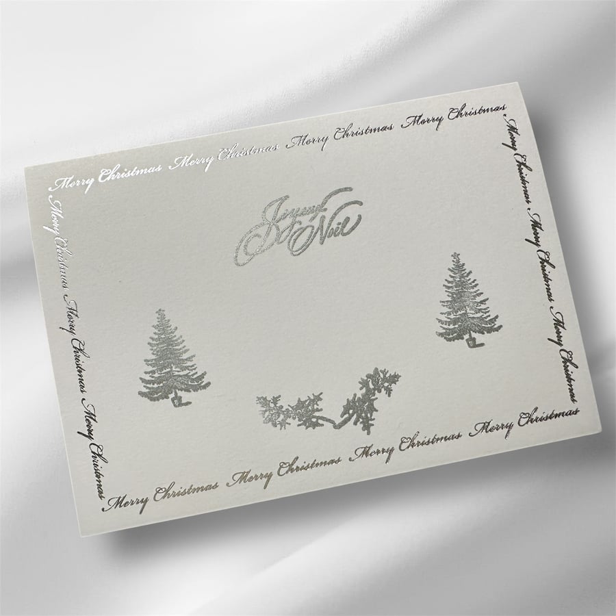 Set of 3 Luxurious printed edge silver & white cards with inserts. Joyeux Noel 