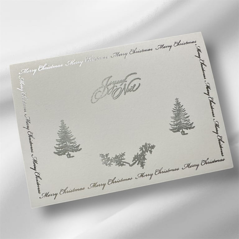 Set of 3 Luxurious printed edge silver & white cards with inserts. Joyeux Noel 