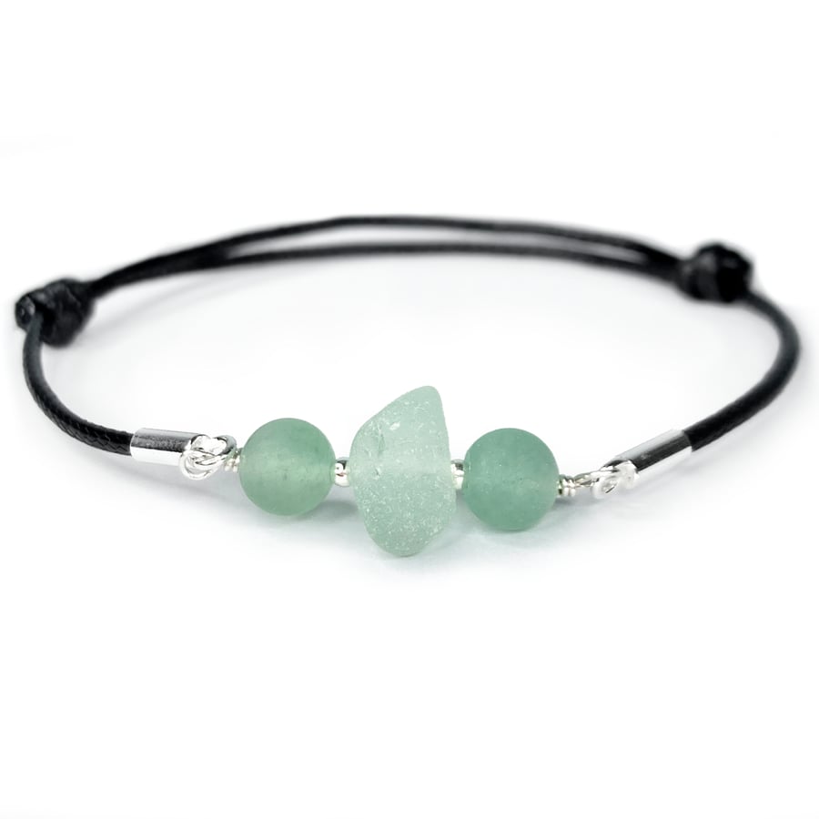 Green Sea Glass Bracelet. Aventurine Crystal Beads Black Cord Sterling Silver