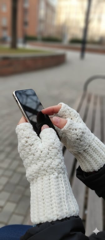 Handmade Crochet Fingerless Gloves - Cream Ivory Wrist Warmers - Winter Gift