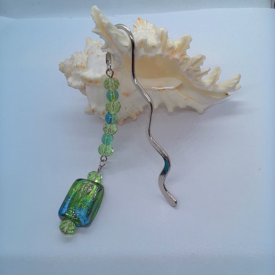 Silver Plated Bookmark with Crystals Green & a Lampwork Rectangle, Gift for Her