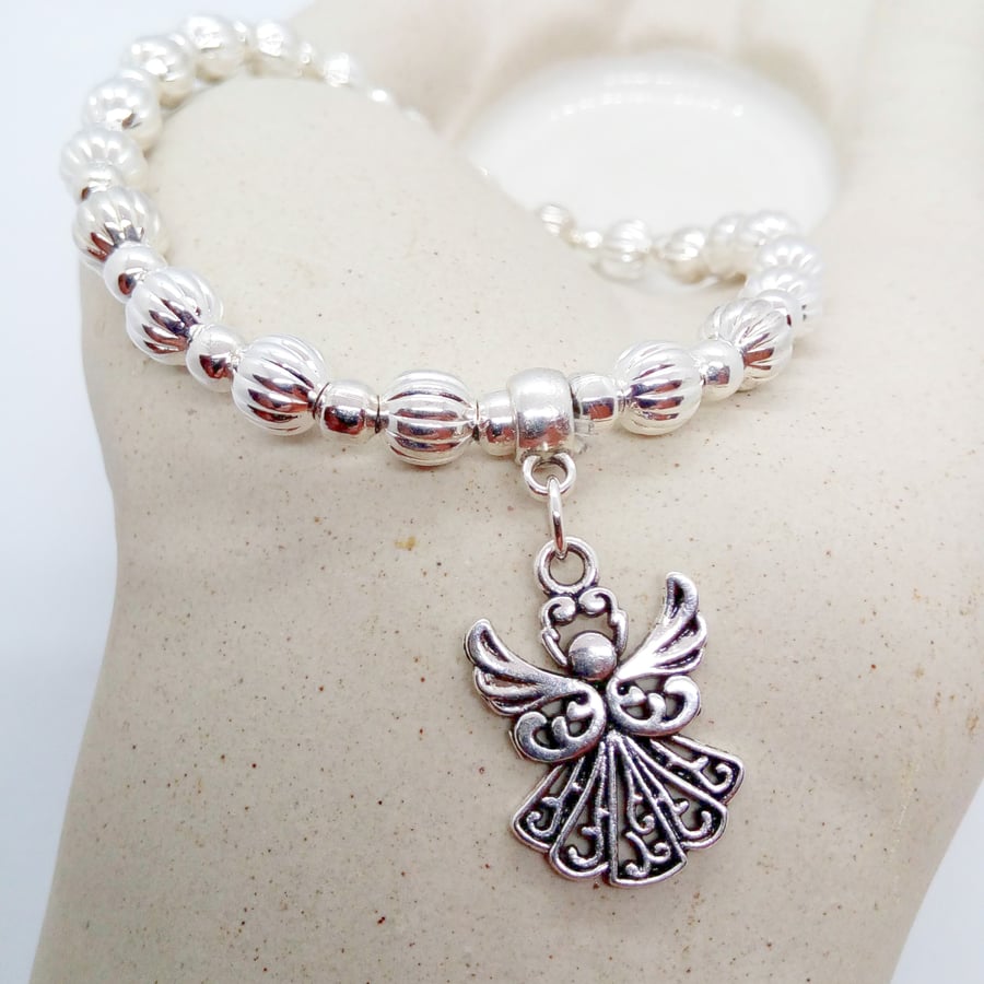 Stretch Christmas Bracelet with Silver Plated Beads and Angel Charm