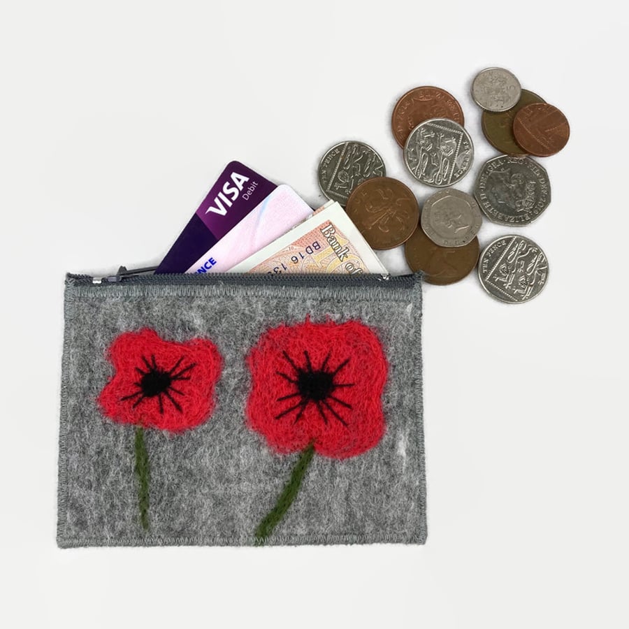 Felt coin purse with needle felted poppy design