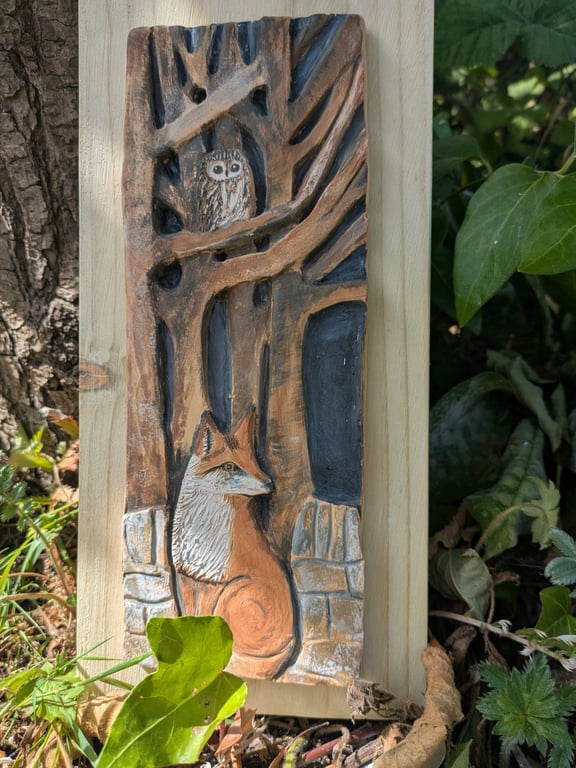 Ceramic art, fox owl art, unique artwork - Wildlife original art