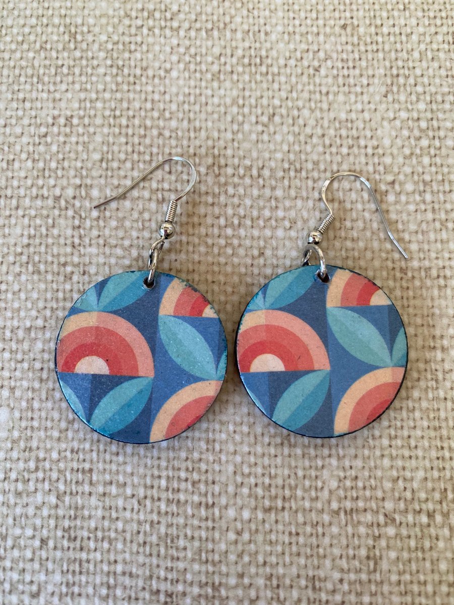 Retro Earrings with Blue, Teal & Orange Pattern, Sixties, Seventies 
